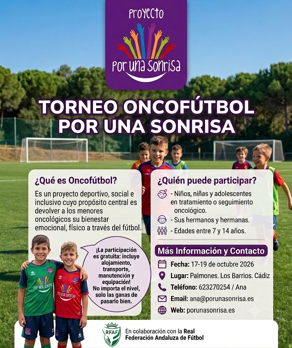 Cartel del Torneo Oncofútbol Por una Sonrisa con información sobre participantes, fechas y contacto